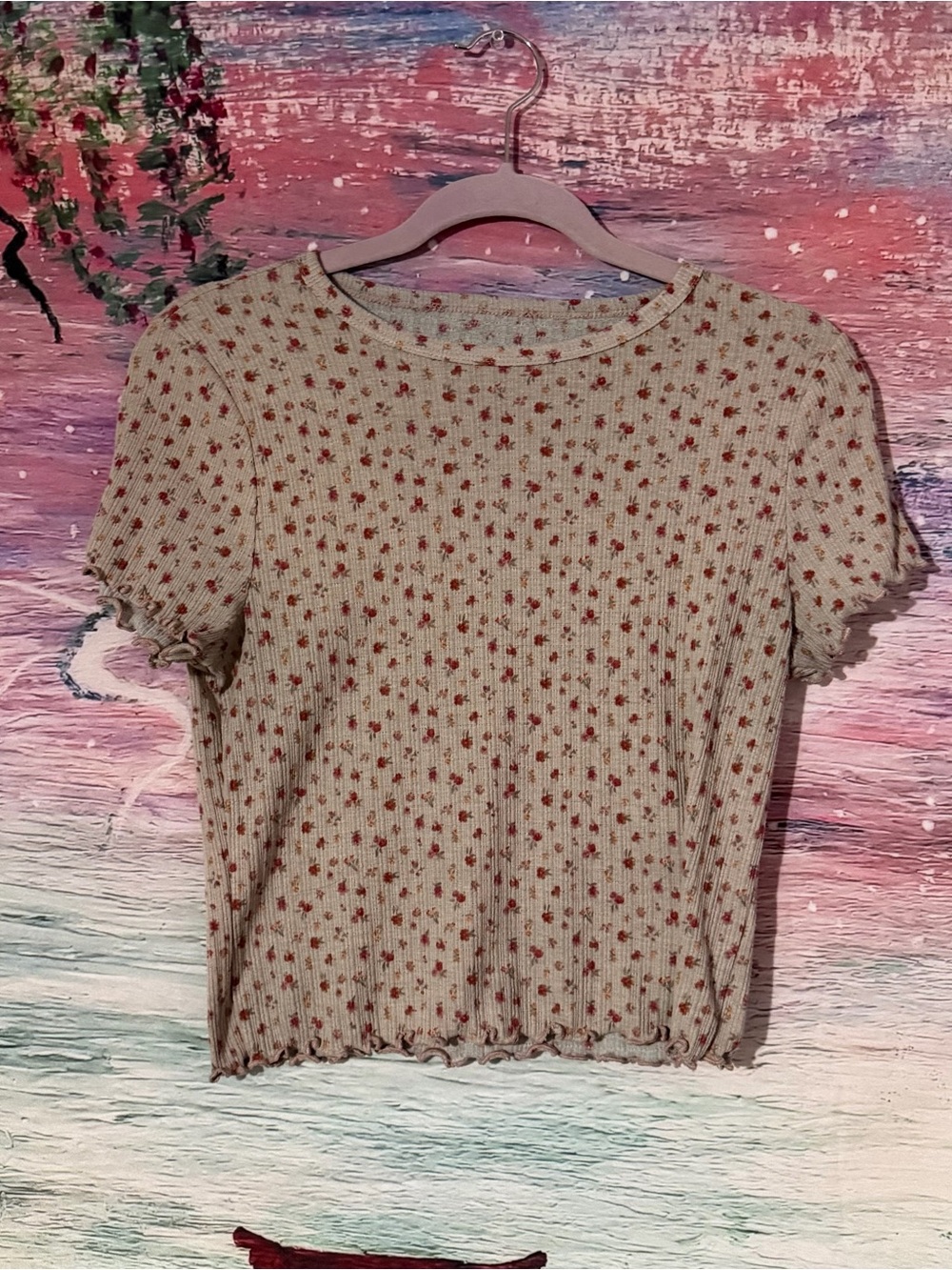 Ribbed Cream Short-Sleeve Floral Tee